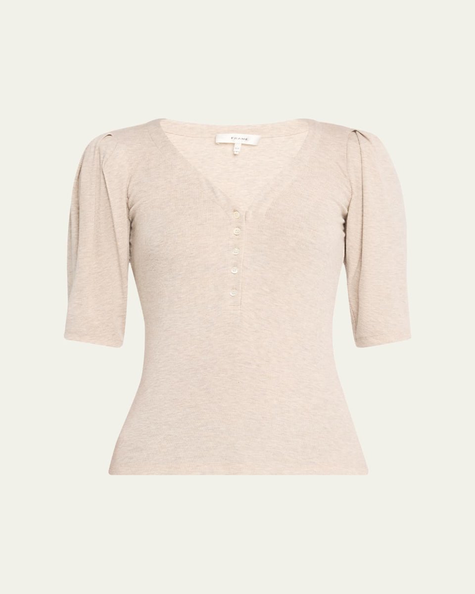 Rib Ruched Short-Sleeve Henley Top